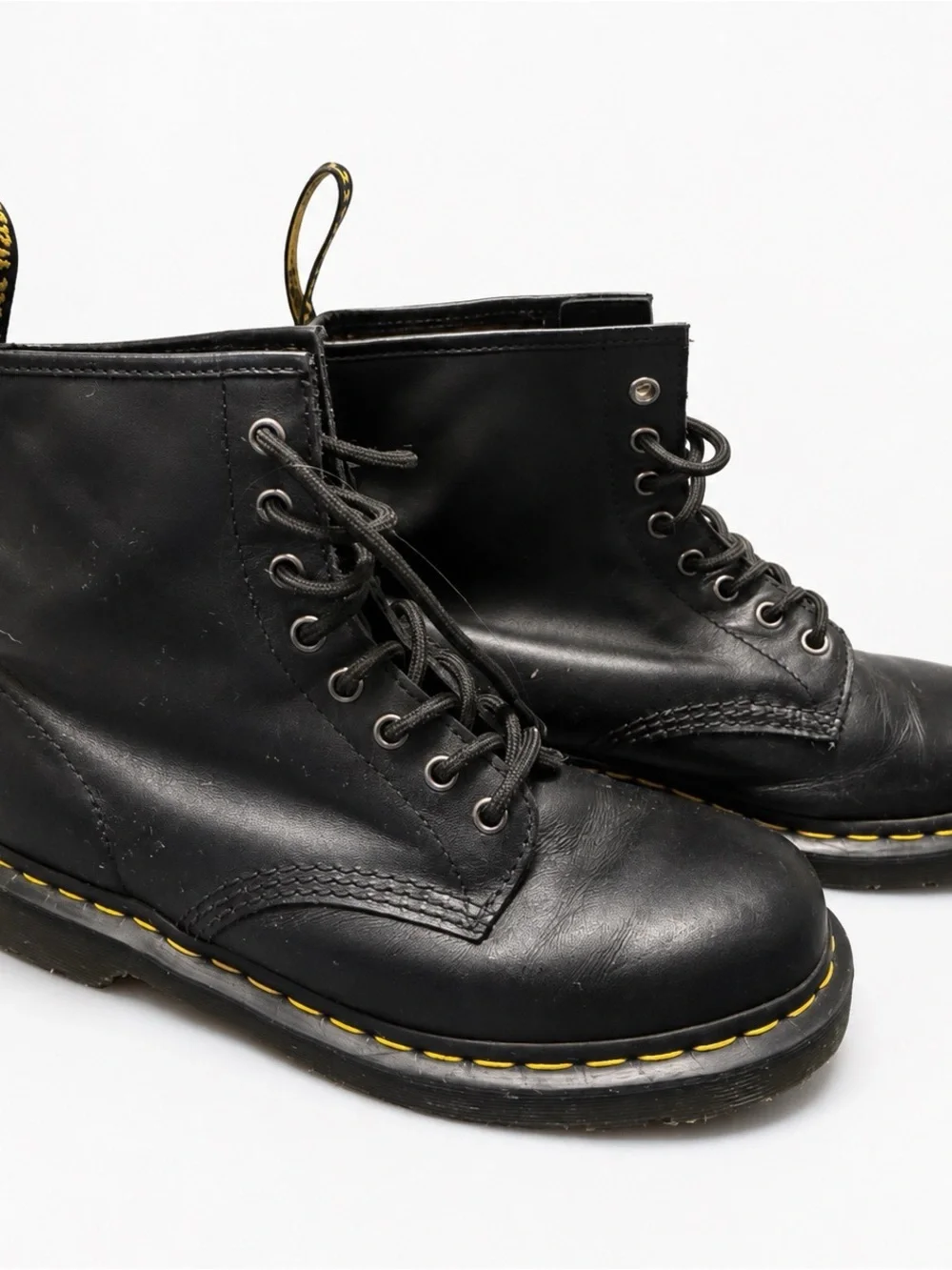 Dr. Martens Black Leather 8-Eye Lace-Up Boots with Yellow Stitching